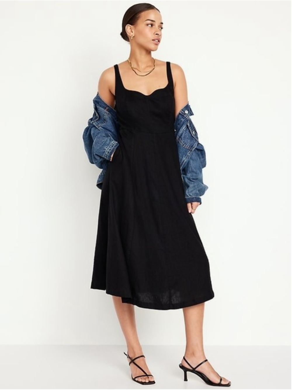 Old Navy Fit & Flare Linen Blend Midi Dress Sz Large Black Minimalist Classic